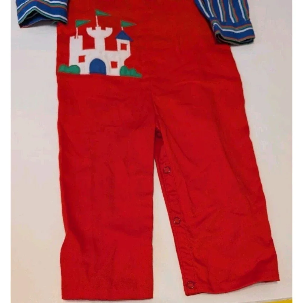 Vintage 2pcs Striped Collared Top & Red Overalls Castle Outfit Size 18-24 Months